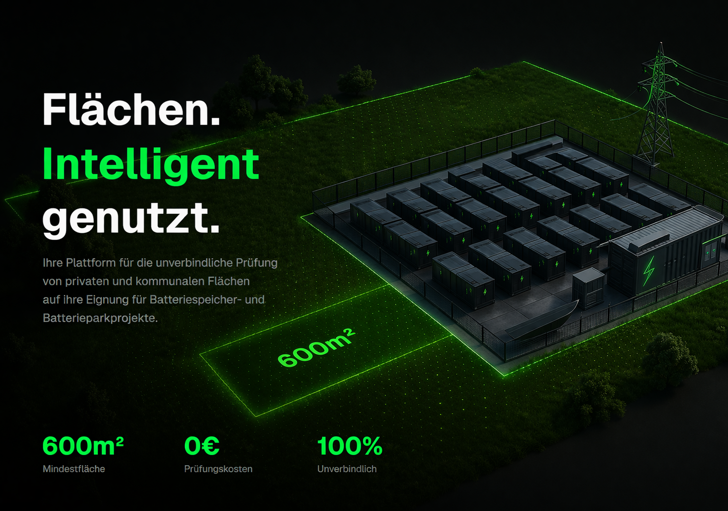 3D-Visualisierung eines Batterieparks auf einer 600m² Fläche mit Strommast